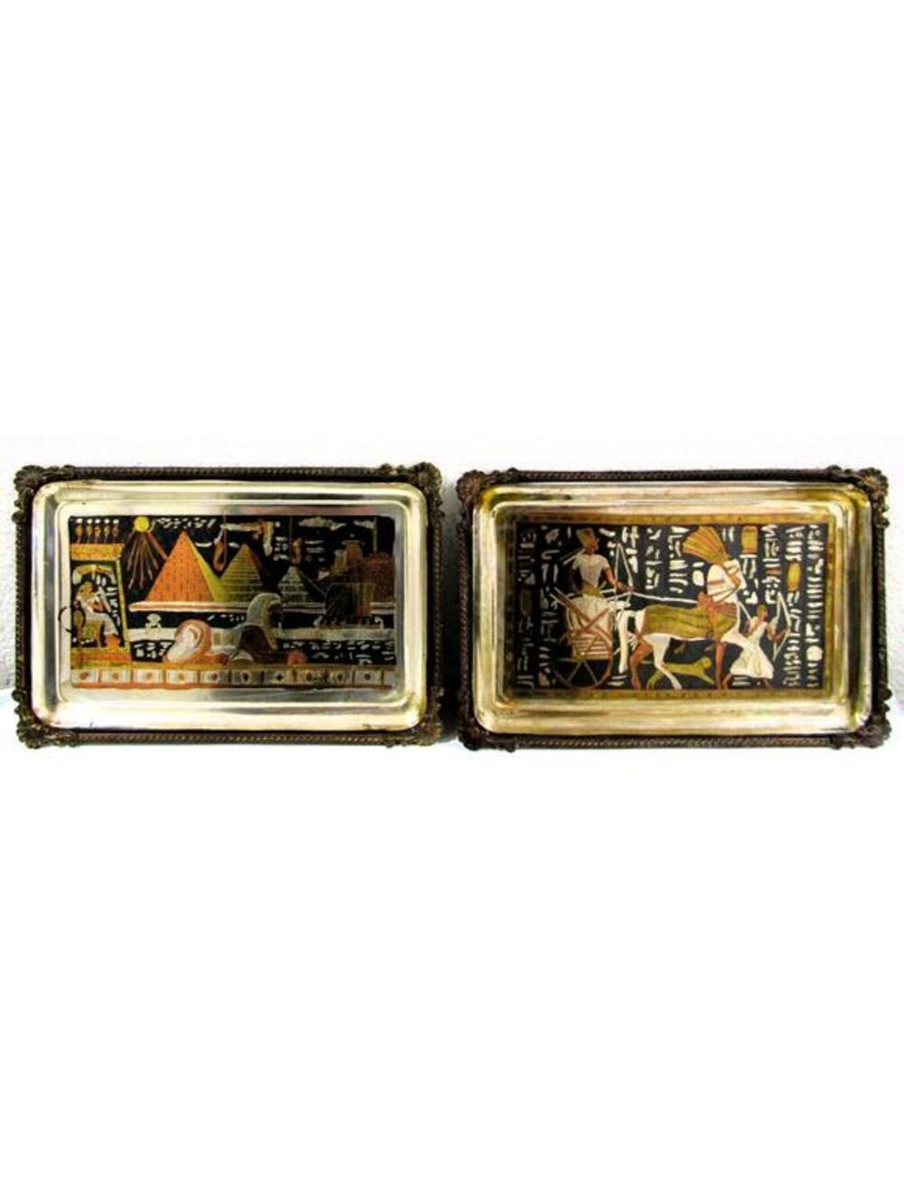 Set of Two Vintage Egyptian Themed Metal Trays Featuring Inlaid Metals